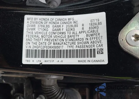 2019 Honda Civic Lx from USA, damaged, VIN 2HGFC2F63KH585617